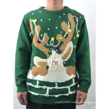 sweater factory custom LED light christmas sweater 100% acrylic Ugly reindeer christmas pompom sweater with LED light